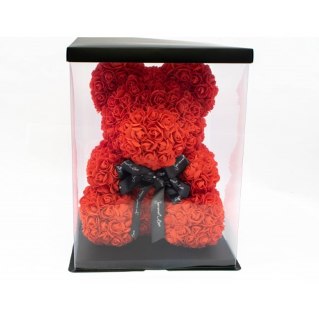 Ursulet din trandafiri rosii din spuma in cutie cadou