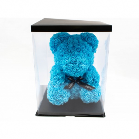 Ursulet din trandafiri albastri 35 cm in cutie cadou
