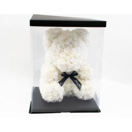 Ursulet din trandafiri albi 35 cm in cutie cadou