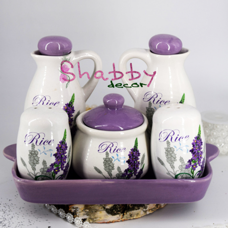 Set Oliviera, Zahar si Recipient Condimente Ceramica cu Lavanda